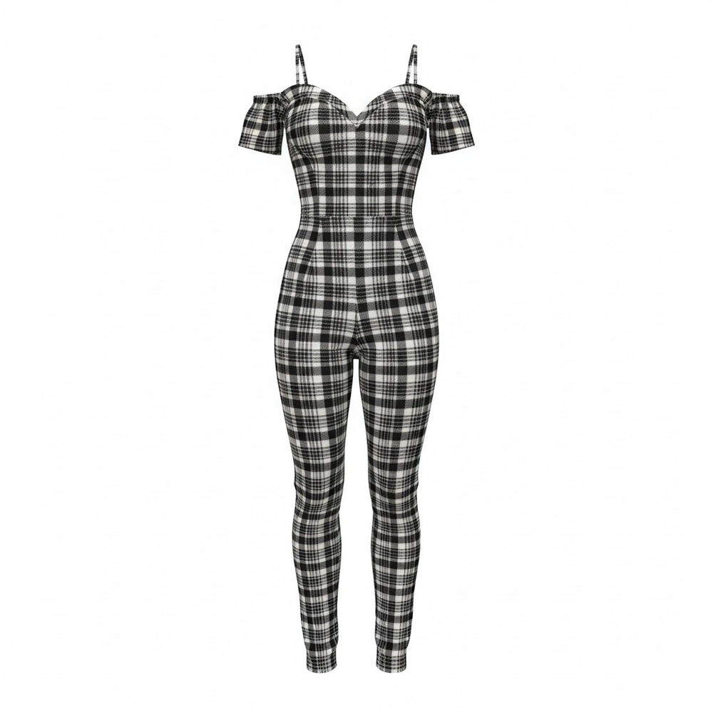 Fashion Nova Plaid Off-Shoulder Jumpsuit - Black and White